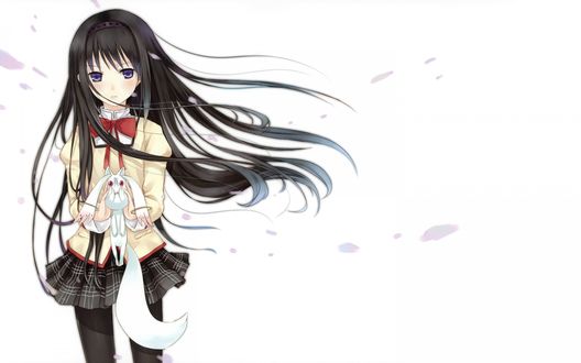 Обои на рабочий стол Akemi Homura / Хомура Акэми держит на руках Kyuubee / Кюбэй, сверху падают лепестки, персонажи из аниме Mahou Shoujo Madoka Magica / Девочка-волшебница Мадока Магика