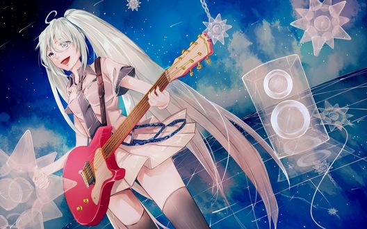 Обои на рабочий стол Vocaloid Hatsune Miku / Вокалоид Хатсуне Мику улыбается, играя на гитаре