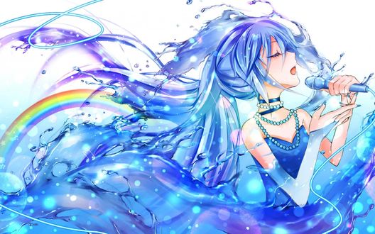 Обои на рабочий стол Vocaloid Hatsune Miku / Вокалоид Хатсуне Мику поет, держа микрофон в руке