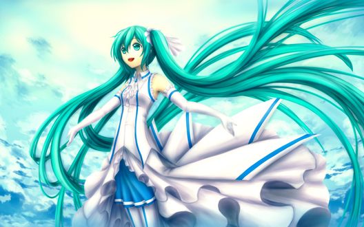 Обои на рабочий стол Vocaloid Hatsune Miku / Вокалоид Хатсуне Мику стоит, разведя руки в стороны, на фоне неба