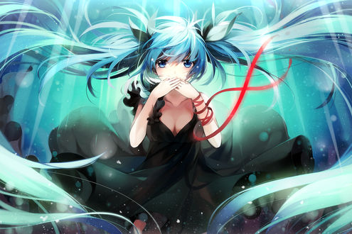 Обои на рабочий стол Vocaloid Hatsune Miku / Вокалоид Хатсуне Мику в черном платье и с красной лентой на руке под водой