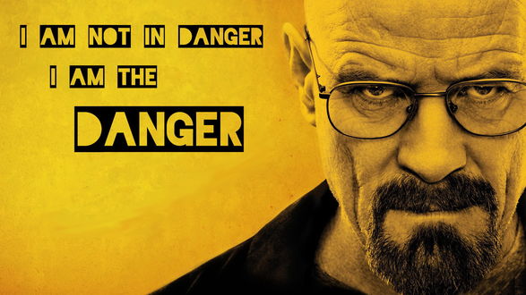 Обои на рабочий стол Мужчина в очках на желтом фоне с надписью : I am not in danger I am the Danger / Я не в опасности, я сам опасность