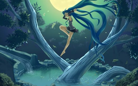 Обои на рабочий стол Vocaloid Hatsune Miku / Вокалоид Хатсуне / Хацунэ Мику в ночном лесу, парит над деревом, растущим из воды