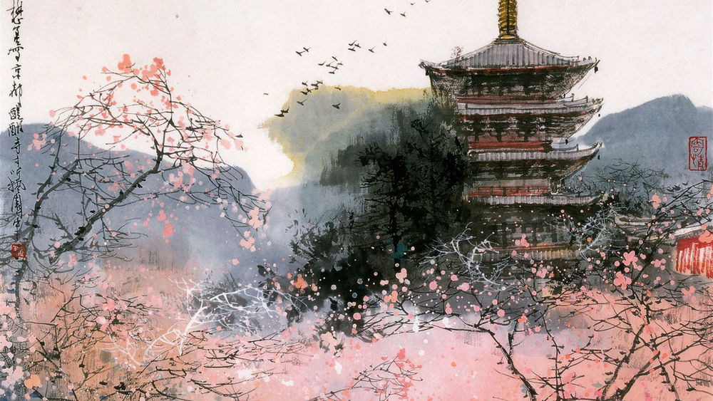 Обои для рабочего стола Пейзаж с японской пагодой в окружении цветущей сакуры