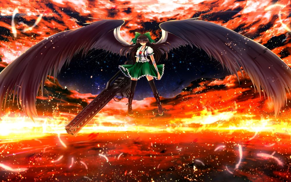 Обои для рабочего стола Utsuho Reiuji / Уцухо Рейудзи / раса - Адская ворона / парит в воздухе распахнув черные крылья из серии компьютерных игр Тохо / Touhou Project / художник nekominase