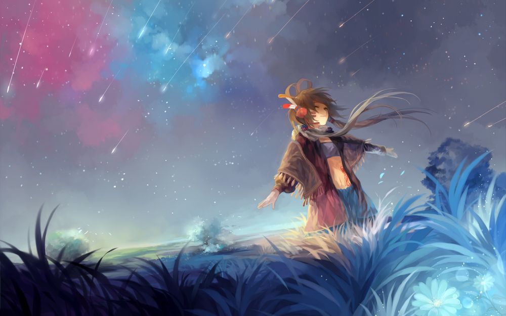 Обои для рабочего стола Девушка прогуливается в высокой траве на фоне звездного неба