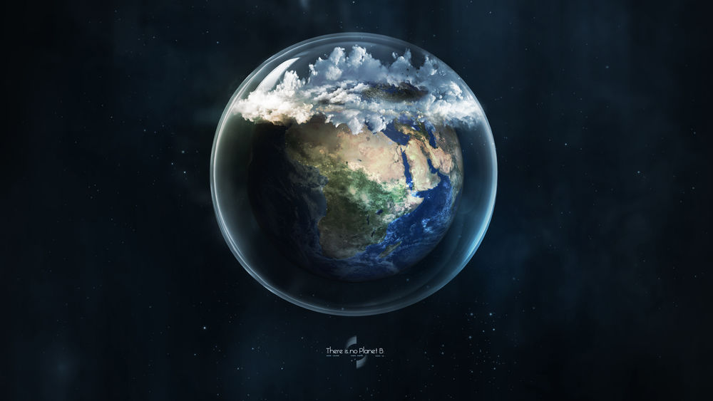 Обои для рабочего стола Земной шар с облаками в пузыре и надпись There is no planet B / Планеты B не существует
