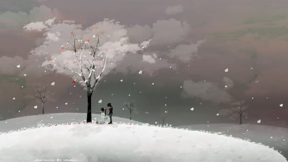 Обои для рабочего стола Парень с красными цветами встал на колено перед девушкой под деревом на фоне падающих белых сердечек на заснеженном холме, автор soh3els