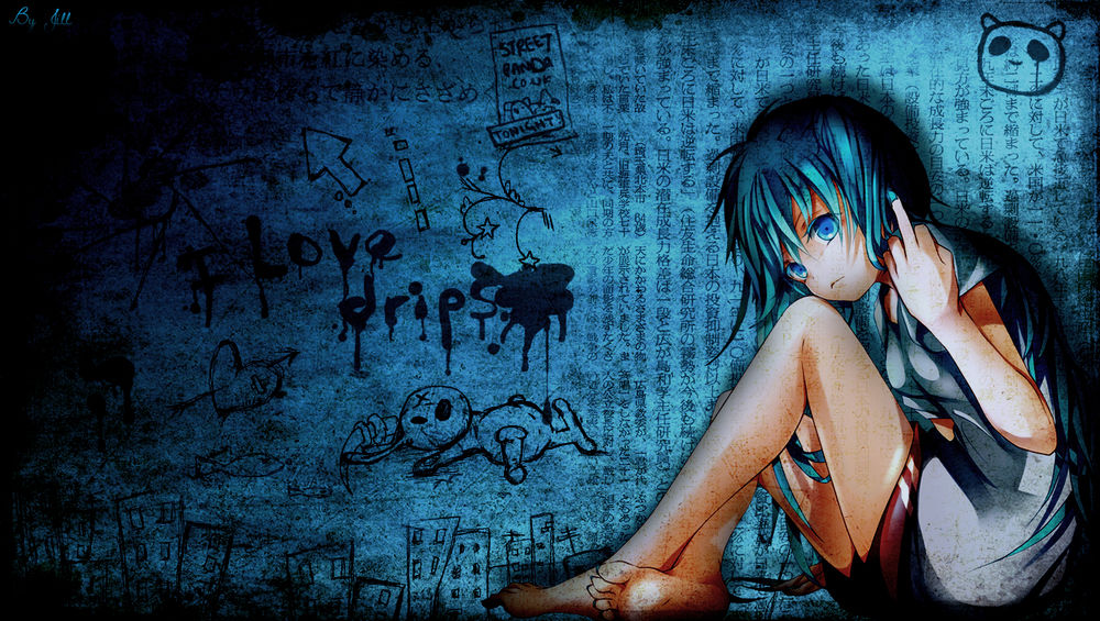Обои для рабочего стола Vocaloid Hatsune Miku / Вокалоид Хатсуне / Хацунэ Мику показывает fuck, сидя на фоне исписанной и изрисованной синей стены (I Love drips) By Jill