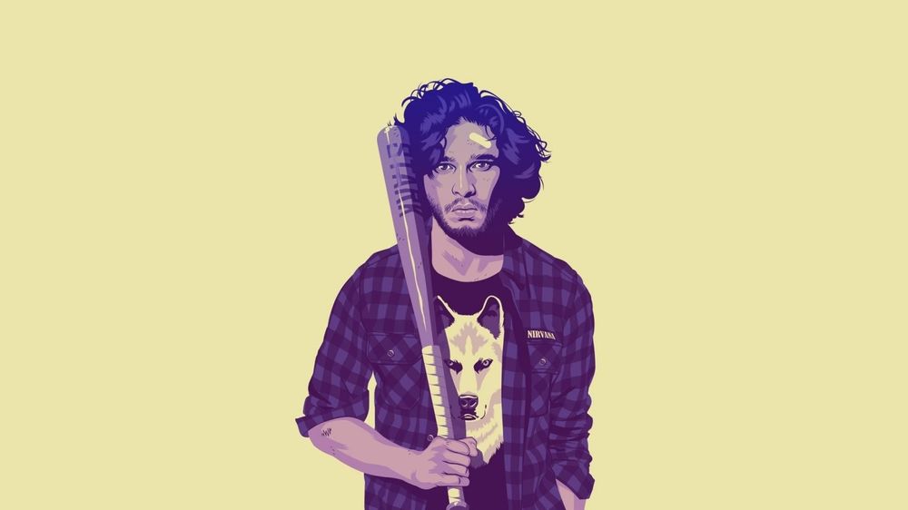 Обои для рабочего стола Арт на Jon Snow / Джона Сноу, чью роль исполняет Кит Харингтон / Keith Harrington, в сериале Игра престолов / Game of Thrones, держит в руках биту, в футболке с изображением морды волка