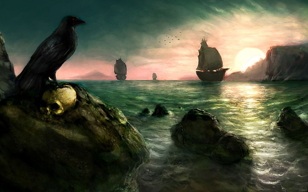 Обои для рабочего стола Огромная черная ворона, сидящая на каменном валуне, положив лапу на человеческий череп, зорко вглядывается на заходящие в морскую бухту пиратские корабли на фоне заходящего солнца