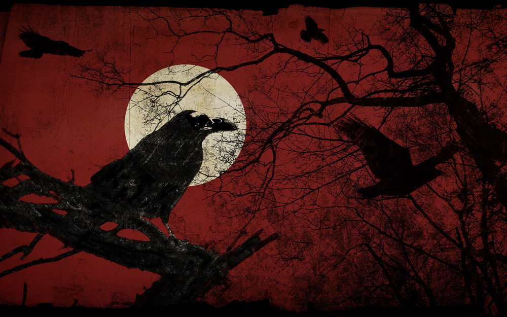 Обои для рабочего стола Фантастический рисунок сидящей на суку дерева черной вороны на фоне багряного ночного неба и яркой луны
