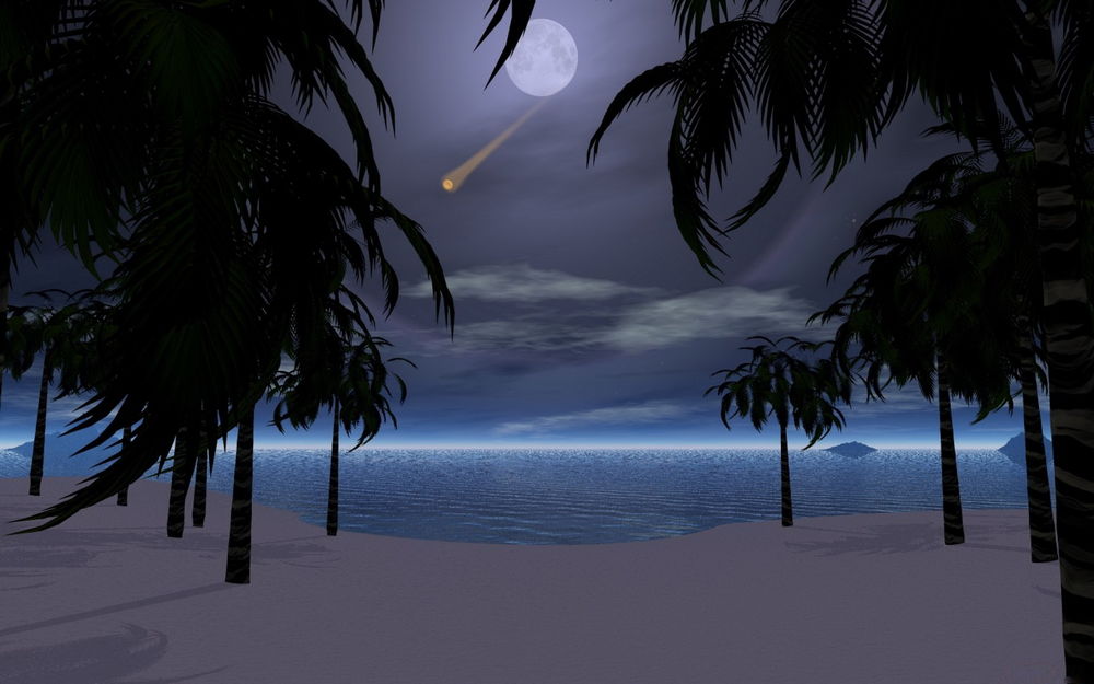 Обои для рабочего стола Лунная ночь с падающей с неба кометой, опустилась на тропический океанский берег с растущими на нем пальмами