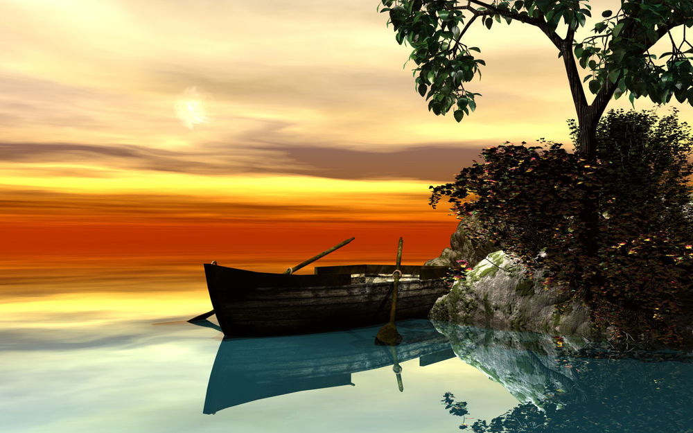 Обои для рабочего стола Деревянная лодка с веслами, стоящая у берега озера возле растущего дерева и кустарников на фоне утреннего восходя солнца