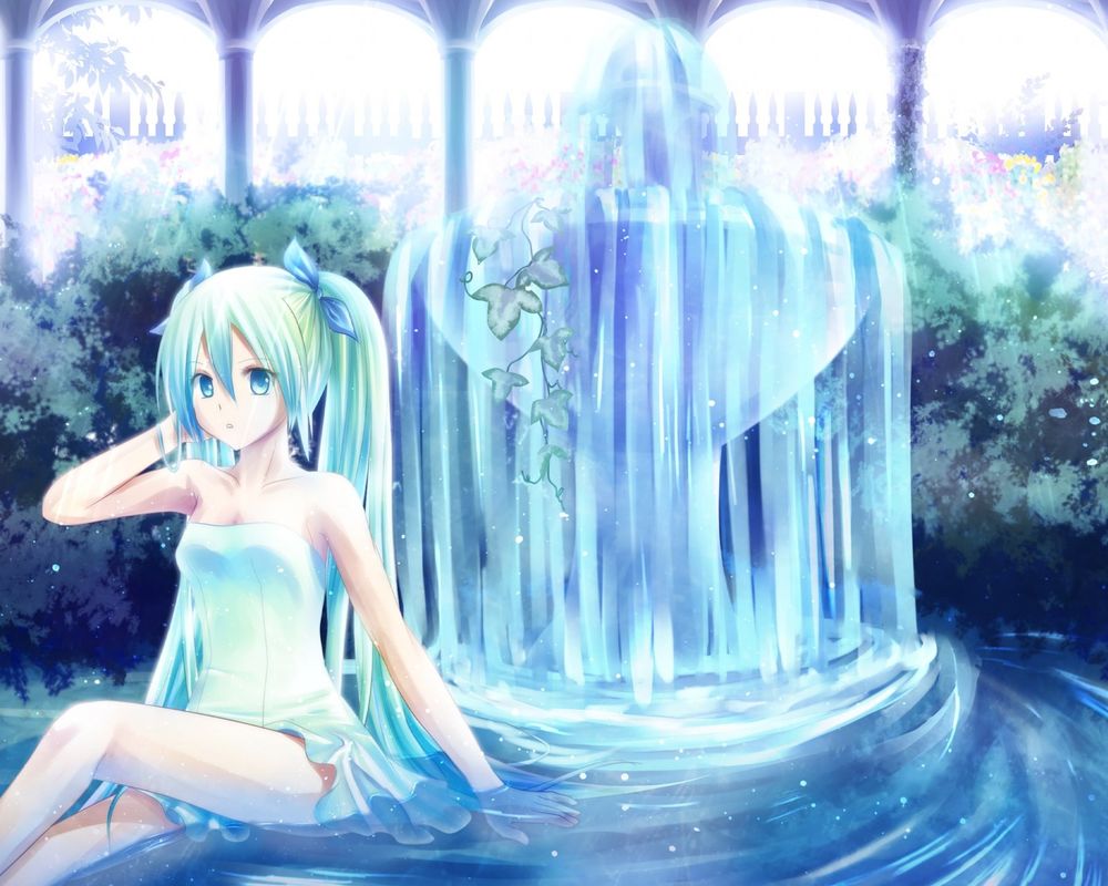 Обои для рабочего стола Vocaloid Hatsune Miku / Вокалоид Хатсуне Мику сидит в воде возле фонтана