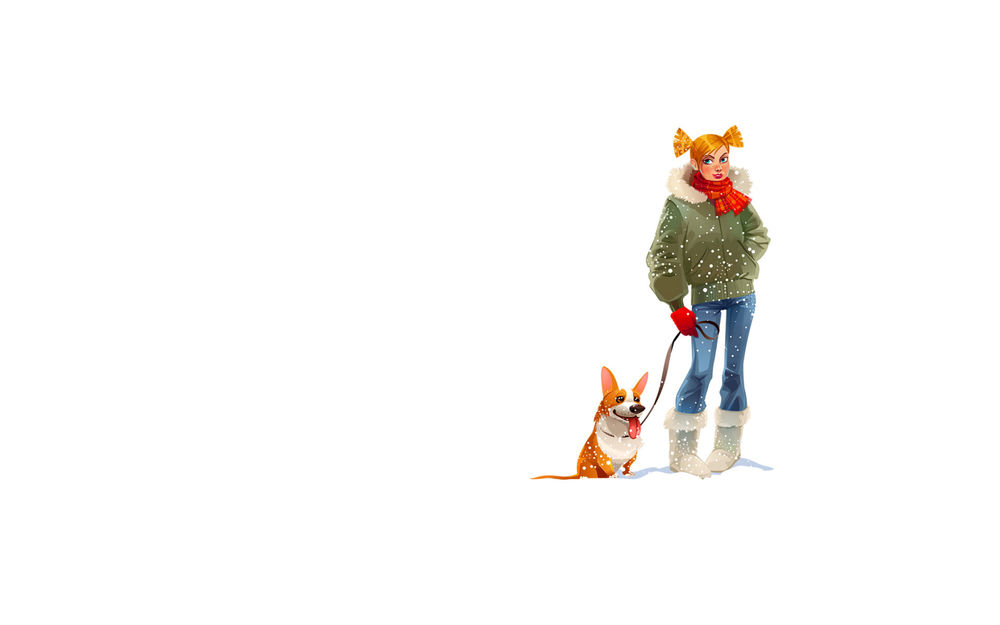 Обои для рабочего стола Девушка стоит, держа собаку на поводке, идет снег