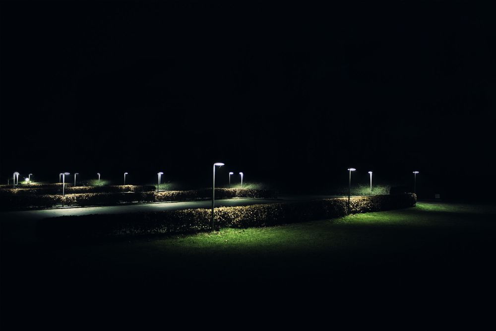 Обои для рабочего стола Ночная дорожка в парке, освещенная уличными фонарями