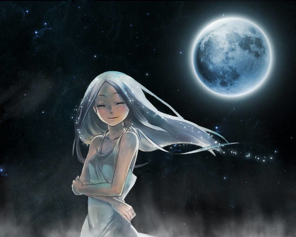 Обои для рабочего стола Девушка с развевающимися волосами улыбается на фоне ночного неба с луной
