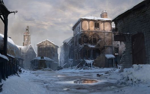 Обои на рабочий стол Безлюдный, замерзающий от зимней стужи небольшой городок, с разрушающимися кирпичными стенами домов, выбитыми окнами, неубранным с улицы снегом на фоне пасмурного неба
