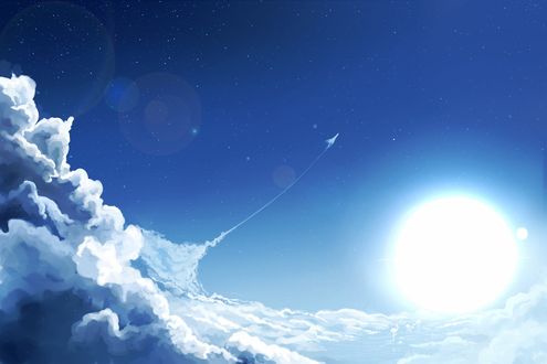 Обои на рабочий стол Самолет вылетает из облаков и летит на фоне голубого неба и солнца