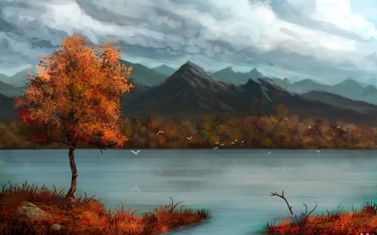 Обои на рабочий стол Осеннее дерево стоит у озера, над которым летают чайки на фоне гор