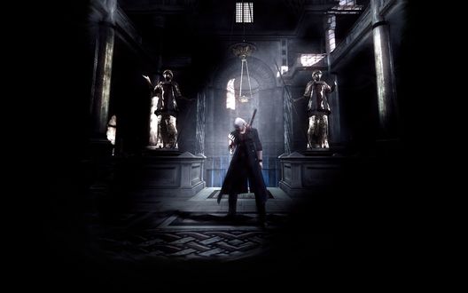Обои на рабочий стол Данте из игры Devil May Cry / Дьявол тоже плачет стоит в темном помещение