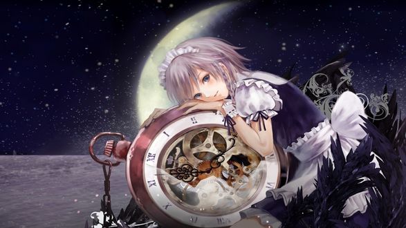 Обои на рабочий стол Горничная Сакуя Изаеи / Sakuya Izayoi из игры Тохо / Touhou project, приобнявшая часы на фоне звездного ночного неба с вышедшей луной в форме полумесяца