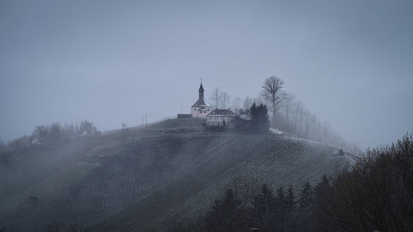 Обои на рабочий стол Германия, Баден-Вюртемберг, Генгенбах / Germany, Baden-Wuerttemberg, Gengenbach Церковь на холме, туманным зимним утром, фотограф Roland C. Vogt