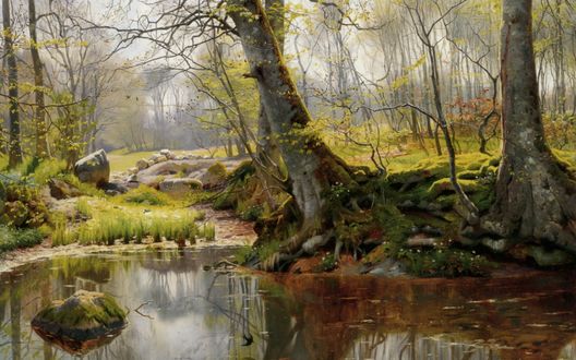 Обои на рабочий стол Озеро на фоне осенних деревьев в тумане, художник Peder Mork Monsted / Педер Морк Менстед