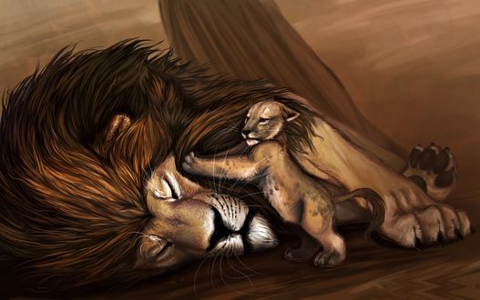 Обои на рабочий стол Мертвый лев рядом с ним львенок, арт к мультфильму The Lion King / Король Лев 1994