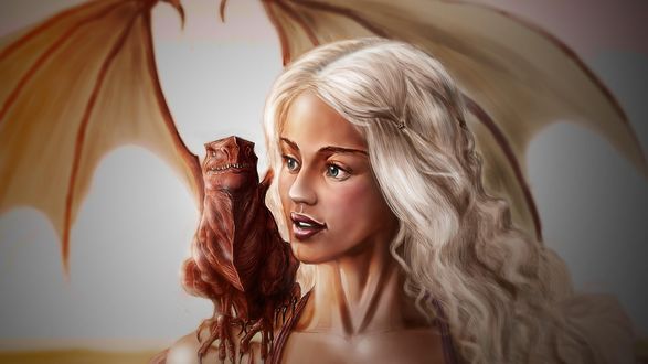 Обои на рабочий стол Обои по сериалу Игра престолов / Game of Thrones. Дейенерис Таргариен / Daenerys Targaryen с красным драконом на плече