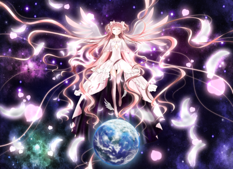 Обои на рабочий стол Madoka Kaname / Мадока Канамэ парит над Землей в космосе из аниме Mahou Shoujo Madoka Magika / Девочка-волшебница Мадока