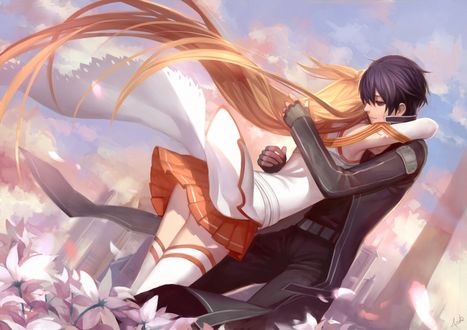 Обои на рабочий стол Асуна Юки / Yuuki Asuna и Кирито / Kirito / Казуто Киригая / Kirigaya Kazuto из аниме Sword Art Online / Мастера Меча Онлайн, art by Asukaziye