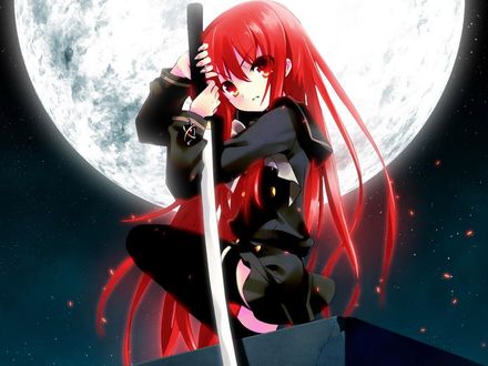 Обои на рабочий стол Шана из аниме Огненный взор Шаны / Shakugan no Shana, с катаной в руках на фоне ночного неба и полной луны