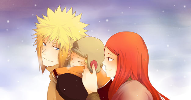 Обои на рабочий стол Кушина / Kushina, Минато / Minato и маленький Наруто / Naruto из аниме Наруто / Naruto