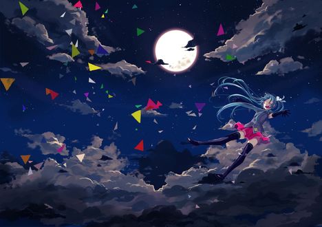Обои на рабочий стол Vocaloid Hatsune Miku / Вокалоид Хатсуне Мику стоит на облаке, раскинув руки в стороны и смеясь, в воздухе летают разноцветные бумажные треугольники на фоне ночного неба и полной Луны