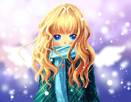 Обои на рабочий стол Тайга Айсака / Taiga Aisaka из аниме Торадора! / Toradora! с белыми крыльями в голубом шарфе и пальто стоит под падающим снегом