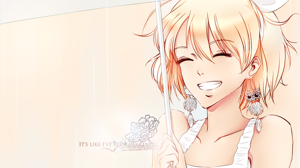 Обои на рабочий стол Лучезарно улыбающаяся Вокалоид Кагамине Рин / Vocaloid Kagamine Rin в белом платье, с сережками-совами, прячется под зонтом от дождя (Its like Ive been awakened Every rule I had you breakin Its the risk that Im takin I aint never gonna shut you out)