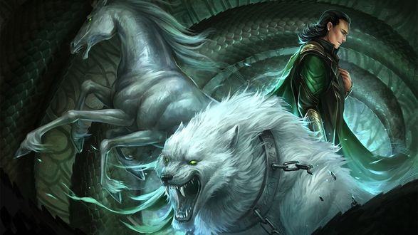Обои на рабочий стол Локи / Loki стоит возле змея, рядом с ним конь и волк