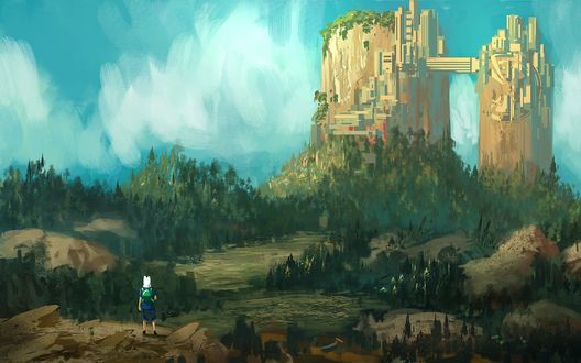 Обои на рабочий стол Финн / Finn стоит на фоне замка и неба, американский анимационный сериал Время приключений с Финном и Джейком / Adventure Time with Finn and Jake