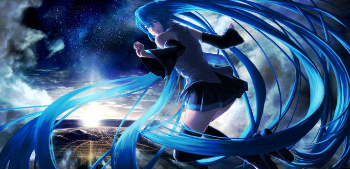 Обои на рабочий стол Vocaloid Miku Hatsune / Вокалоид Мику Хатсуне парит над городом