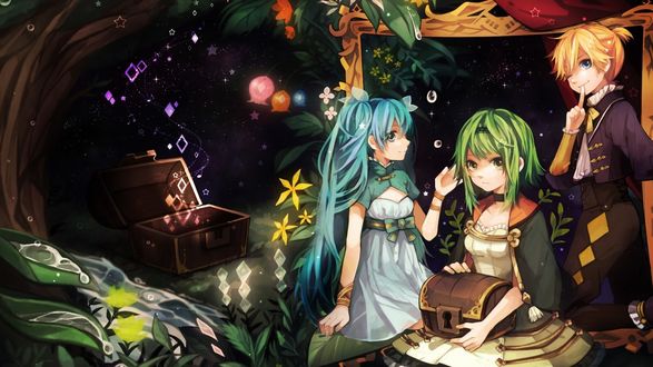 Обои на рабочий стол Хатсуне Мику, Гуми и Лен / Hatsune Miku, Gumi and Len из аниме Вокалоиды / Vocaloid, на фоне звездного ночного неба