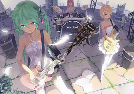 Обои на рабочий стол Мику, Лука, Рин / Miku, Luka, Rin из Вокалоидов / Vocaloid играют на гитарах и барабанах, вокруг них летают перья