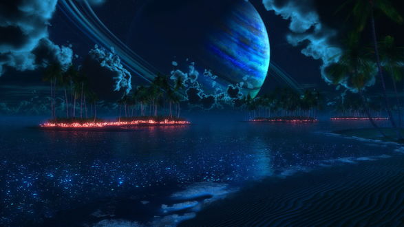 Обои на рабочий стол Песчаный морской берег, с горящими деревьями, расположенными на небольших островах невдалеке от берега, на фоне ночного неба и одной из планет солнечной системы с красивыми кольцами вокруг нее
