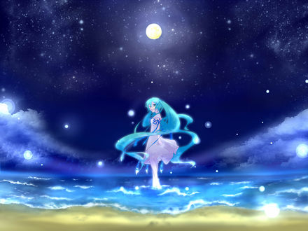 Обои на рабочий стол Vocaloid Hatsune Miku / Вокалоид Хатсуне Мику стоит в воде на фоне ночного неба