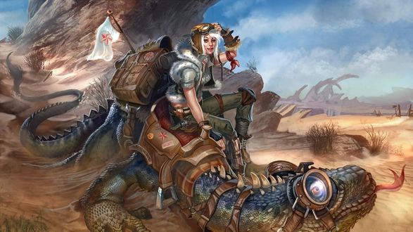 Обои на рабочий стол Девушка с рюкзаком, из которого торчит белый флаг, сидит на ездовом ящере в пустыне