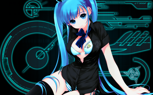 Обои на рабочий стол Vocaloid Hatsune Miku / Вокалоид Хатсуне Мику сидит на черном фоне с зеленой схемой