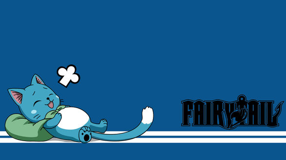 Обои на рабочий стол Happy / Хэппи из аниме «Хвост Феи / Fairy Tail» спит, положив голову на зеленый мешок на синим фоне