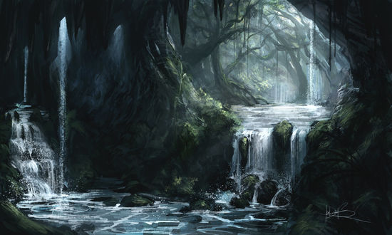 Обои на рабочий стол Живописный водопад в тени деревьев, art by Ninjatic