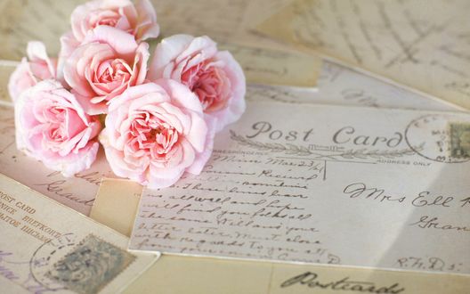 Обои на рабочий стол Розовые розы лежат на винтажных письмах (Post Card / Почтовая открытка)